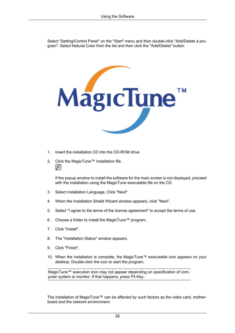 How to delete the natural color software program, Magictune, Installation | Installation problems | Samsung LS23MYZKFV-XAA User Manual | Page 29 / 75