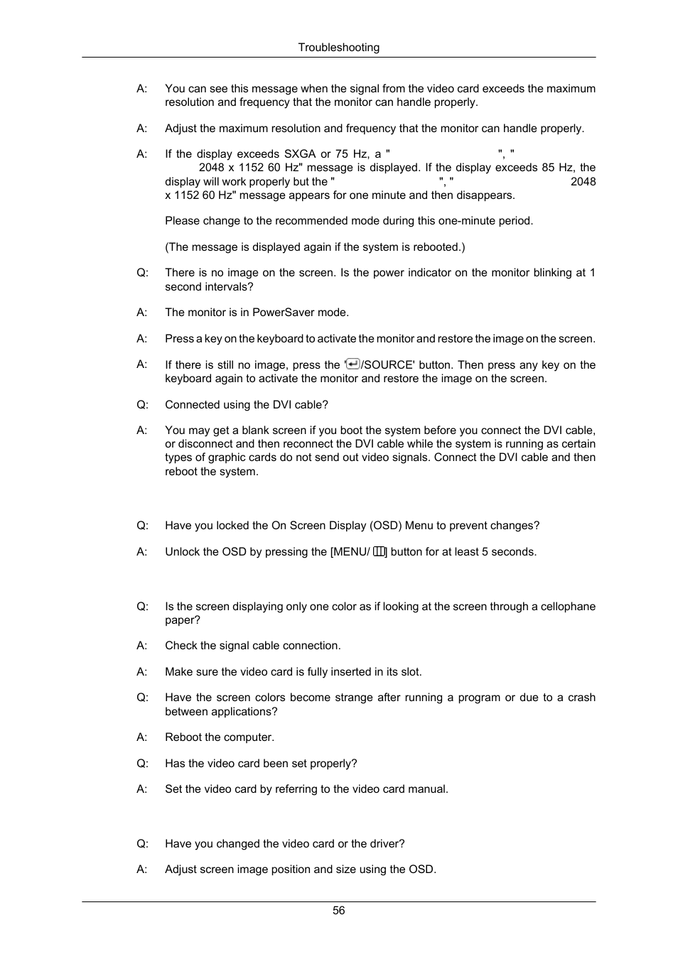 I cannot see the on screen display, The screen suddenly has become unbalanced | Samsung LS23MYZKFV-XAA User Manual | Page 58 / 75