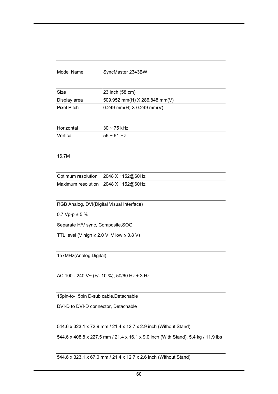 Specifications, General | Samsung LS23MYZKFV-XAA User Manual | Page 62 / 75