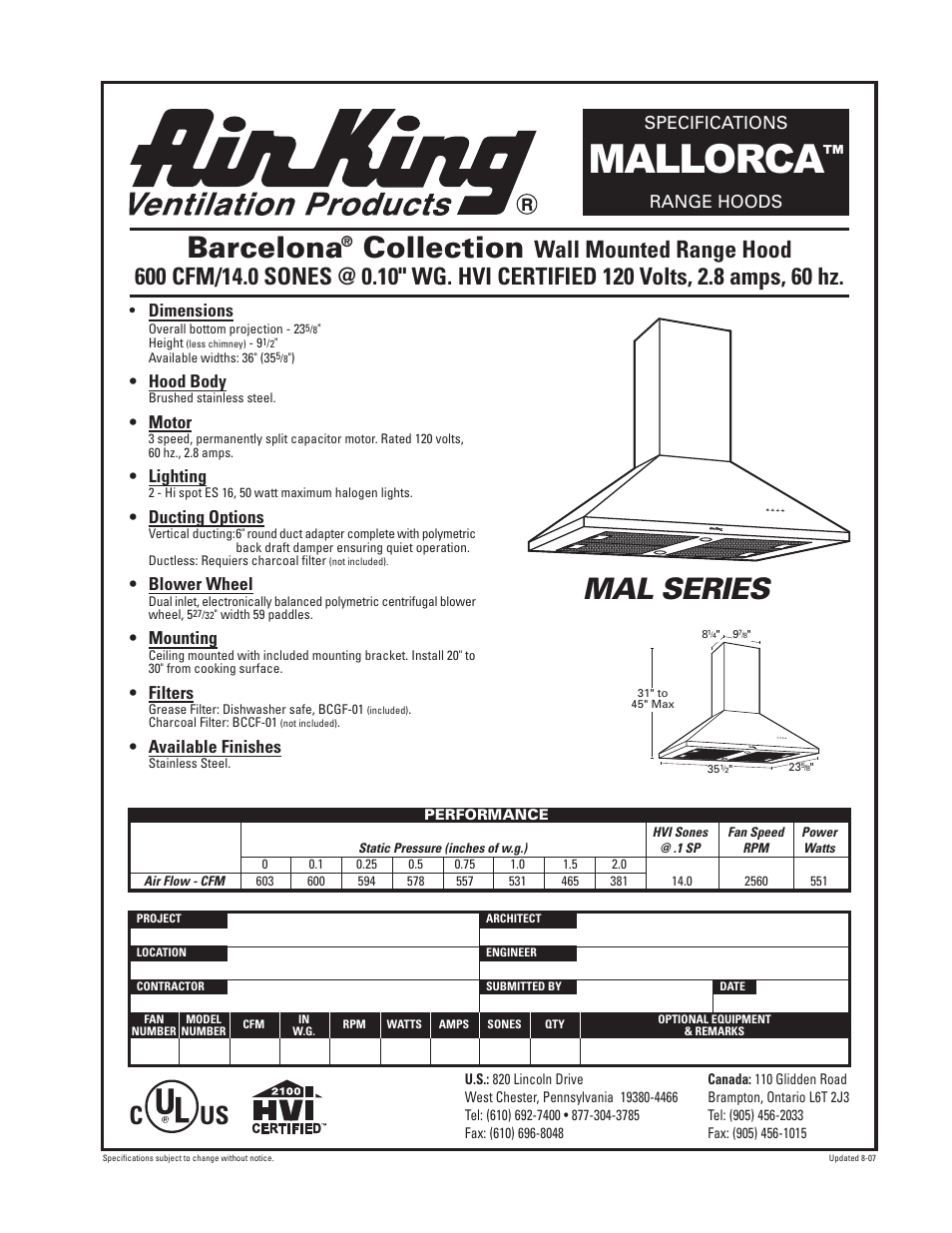 Air King RANGE HOODS MALLORCA User Manual | 1 page