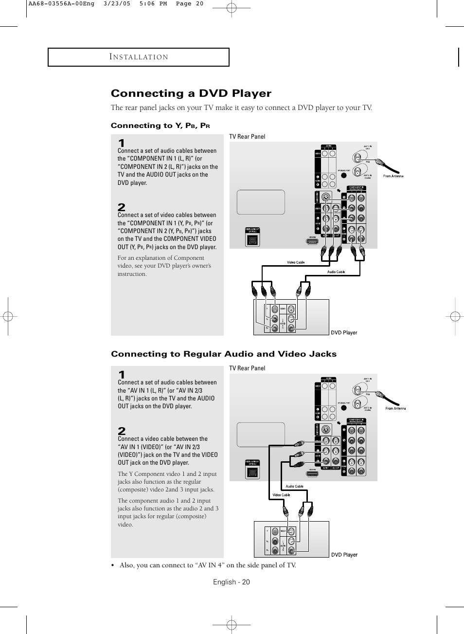 Connecting a dvd player, Connecting to y, pb, pr, Connecting to regular audio and video jacks | Samsung TXR3079WHNXXAA User Manual | Page 20 / 80