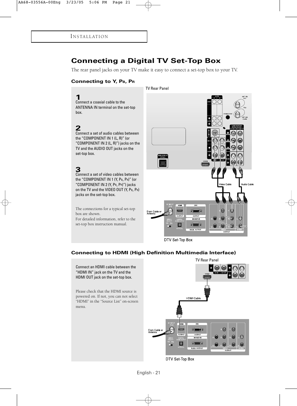 Connecting a digital tv set-top box, Connecting to y, pb, pr | Samsung TXR3079WHNXXAA User Manual | Page 21 / 80