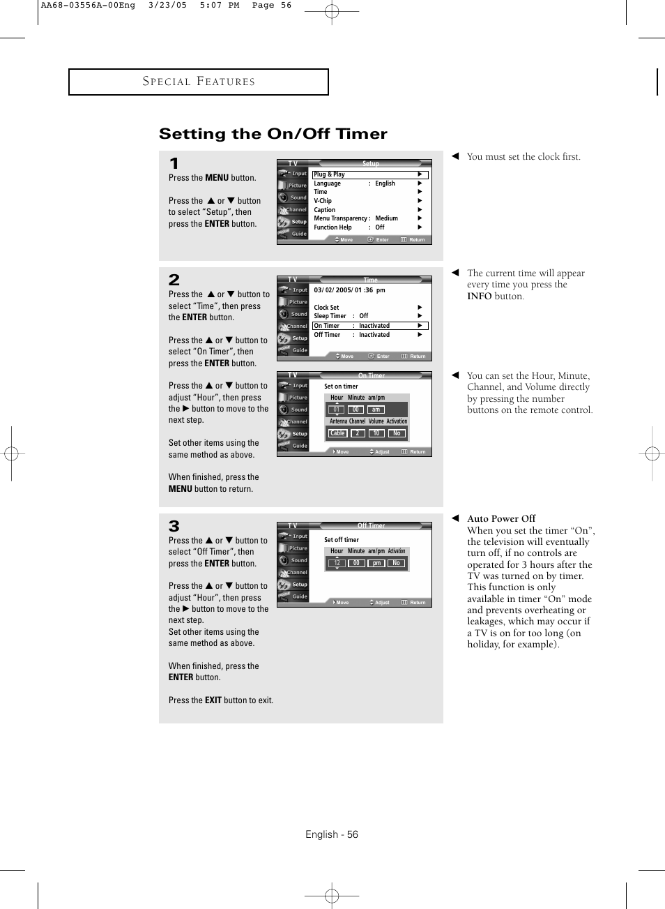 Setting the on/off timer | Samsung TXR3079WHNXXAA User Manual | Page 56 / 80