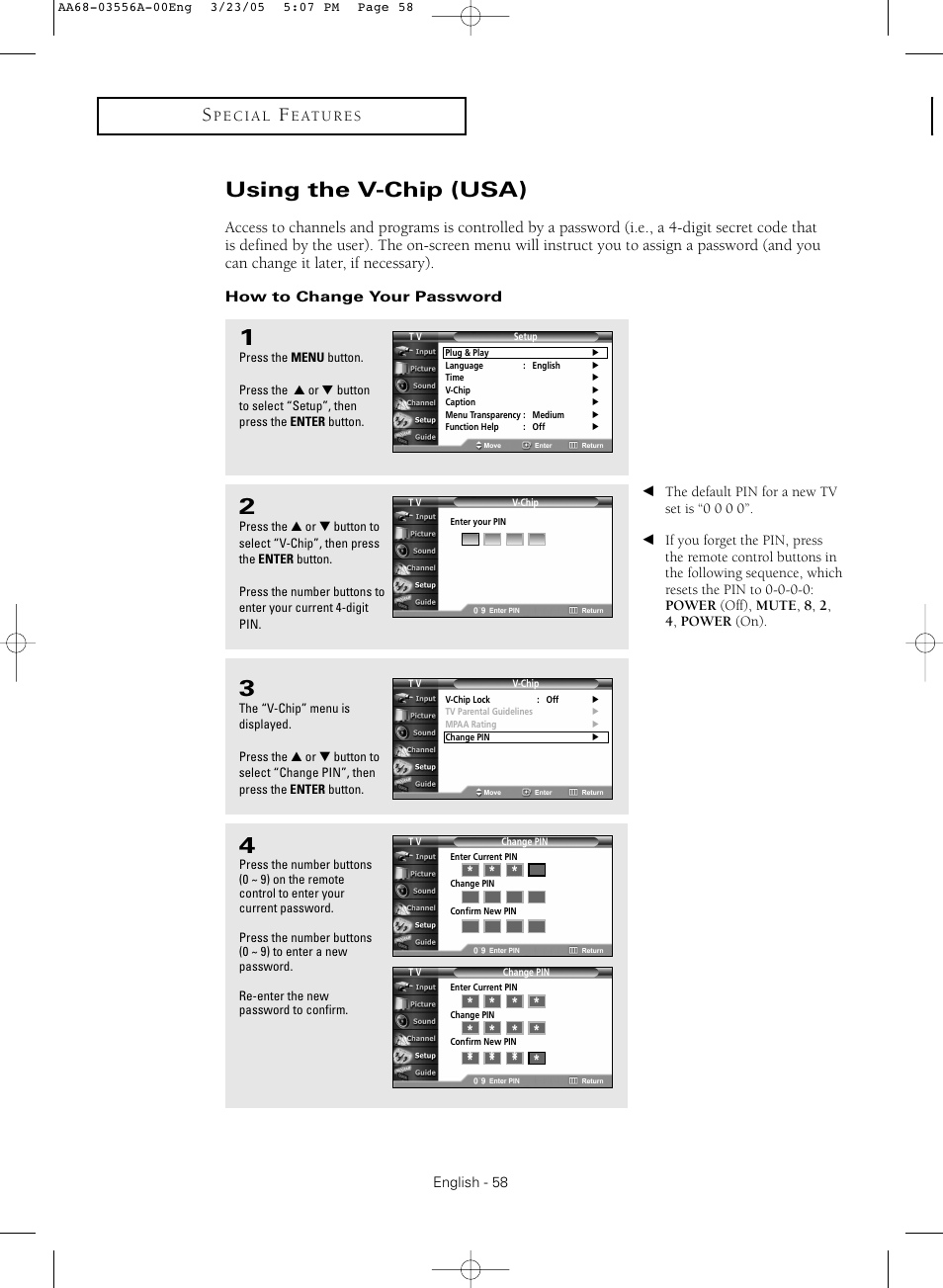 Using the v-chip (usa), How to change your password | Samsung TXR3079WHNXXAA User Manual | Page 58 / 80