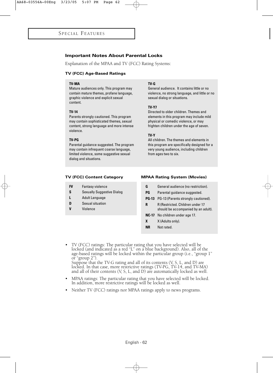 Important notes about parental locks | Samsung TXR3079WHNXXAA User Manual | Page 62 / 80