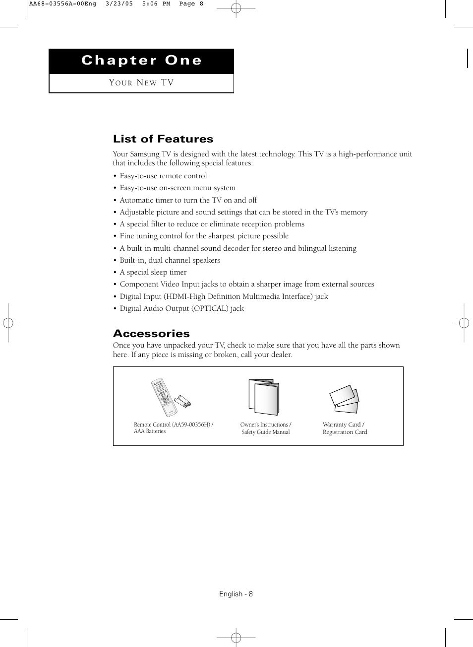 Chapter 1: your new tv, List of features, Accessories | Samsung TXR3079WHNXXAA User Manual | Page 8 / 80