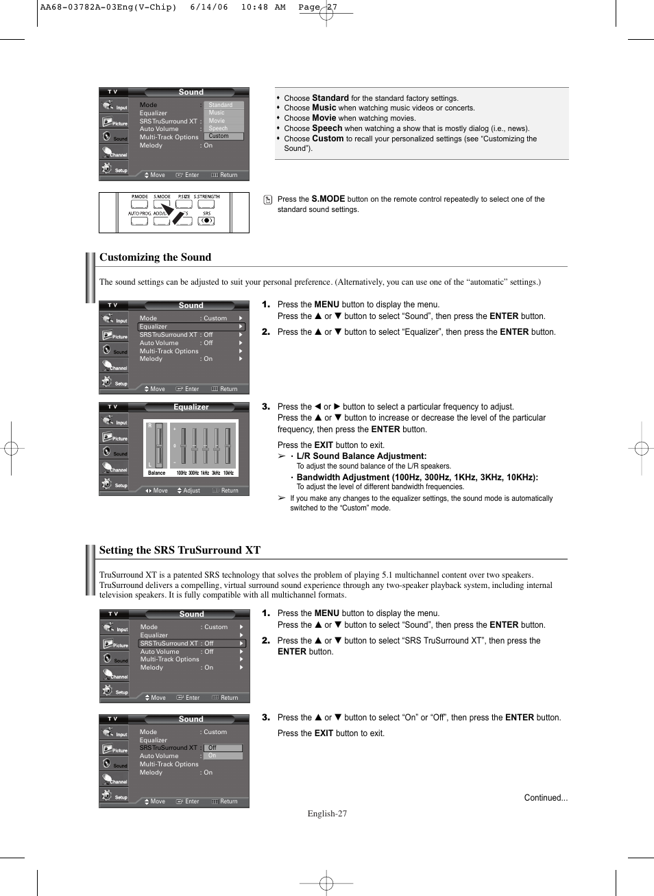 Customizing the sound, Setting the srs trusurround xt | Samsung TXR3079WHKXXAC User Manual | Page 27 / 52