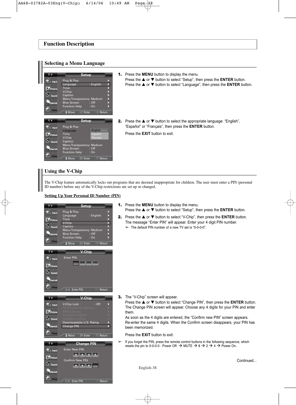 Function description, Selecting a menu language, Using the v-chip | Samsung TXR3079WHKXXAC User Manual | Page 38 / 52