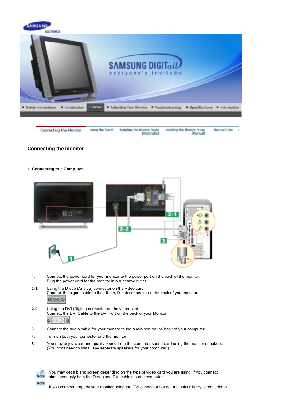 Setup, Connecting the monitor | Samsung LS17MHFSSA-XAZ User Manual | Page 16 / 72