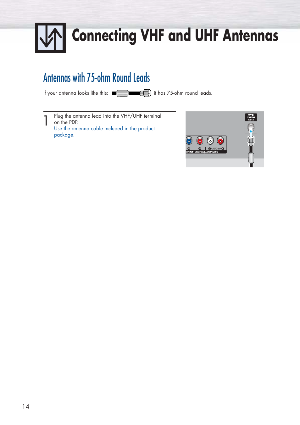 Connecting vhf and uhf antennas, Antennas with 75-ohm round leads | Samsung HPP3761X-XAC User Manual | Page 14 / 96