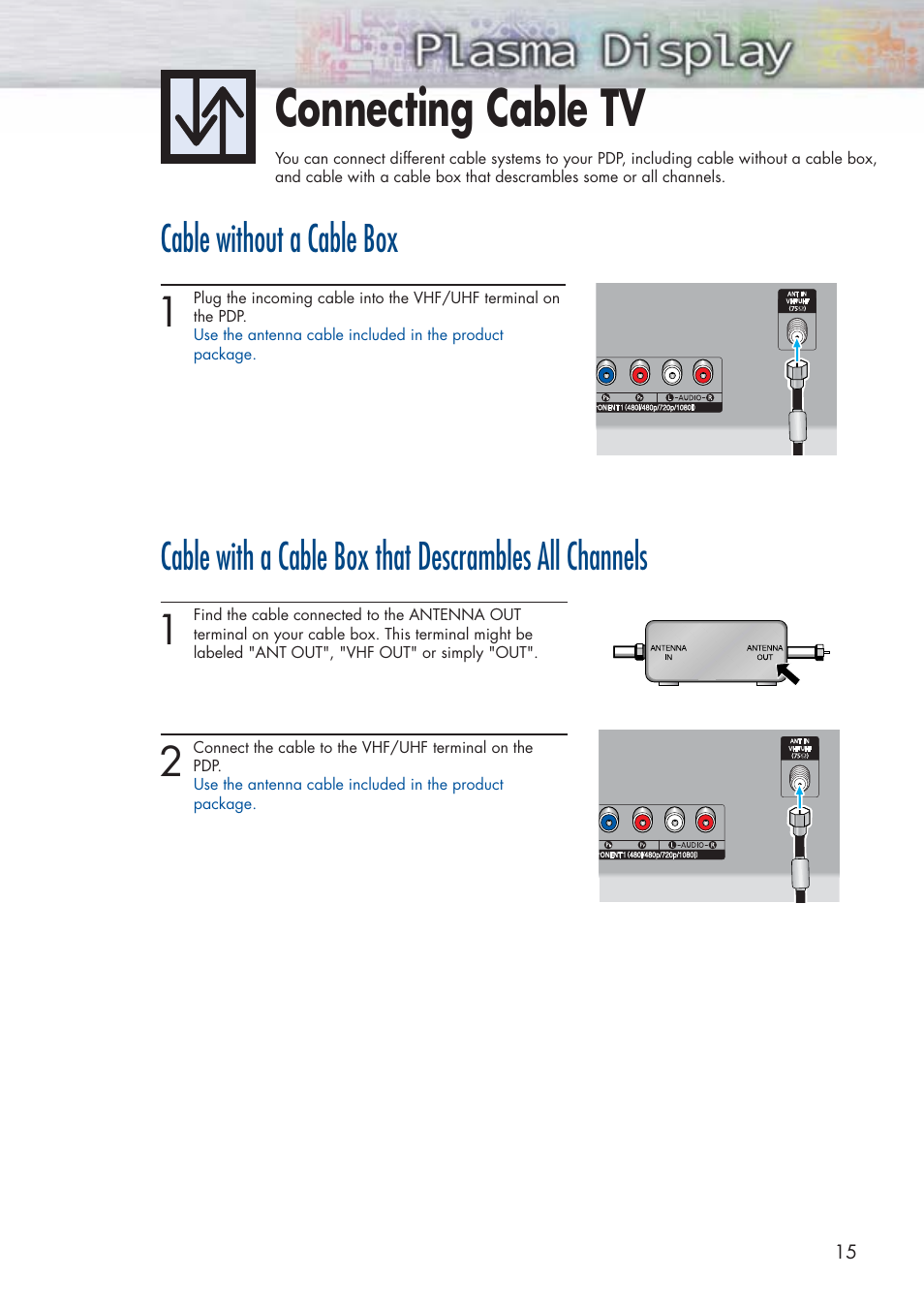 Connecting cable tv, Cable without a cable box | Samsung HPP3761X-XAC User Manual | Page 15 / 96
