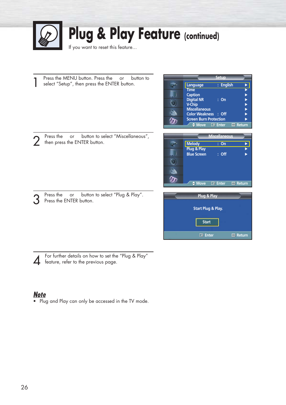 Plug & play feature, Continued) | Samsung HPP3761X-XAC User Manual | Page 26 / 96