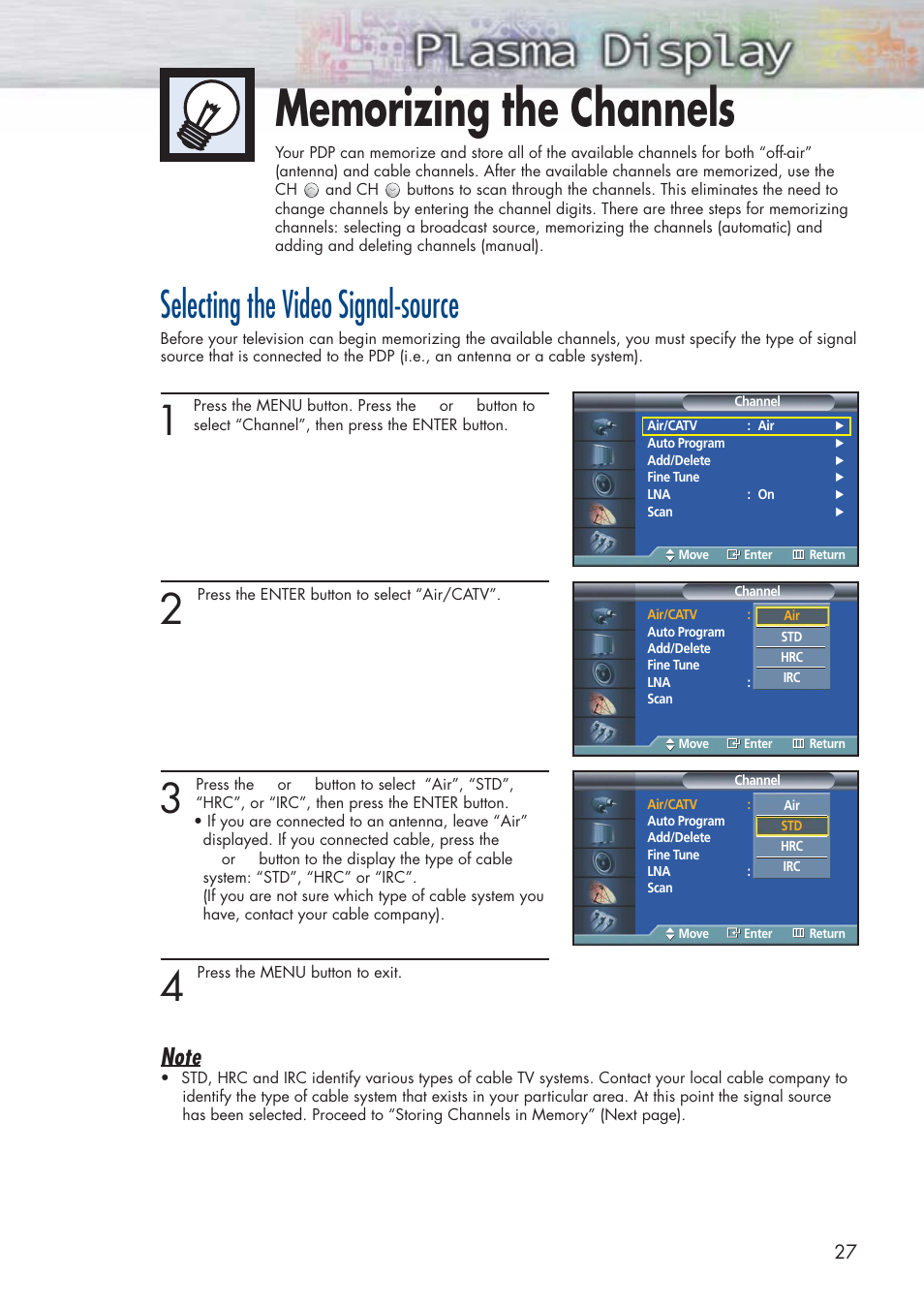 Memorizing the channels, Selecting the video signal-source | Samsung HPP3761X-XAC User Manual | Page 27 / 96