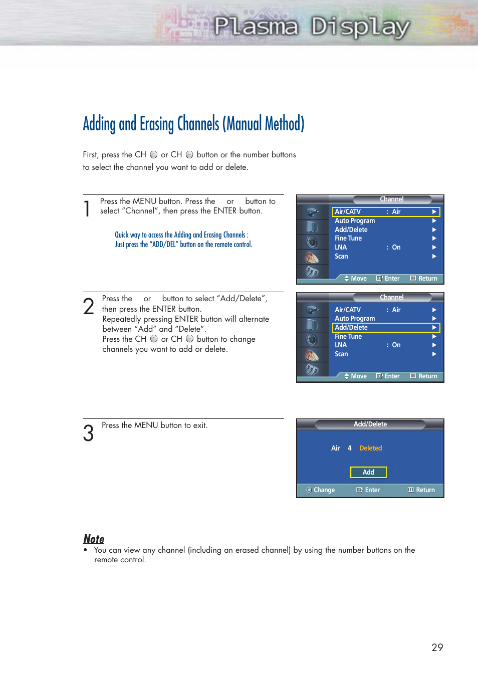 Adding and erasing channels (manual method) | Samsung HPP3761X-XAC User Manual | Page 29 / 96