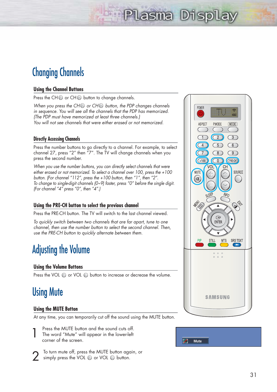 Changing channels, Adjusting the volume, Using mute | Samsung HPP3761X-XAC User Manual | Page 31 / 96