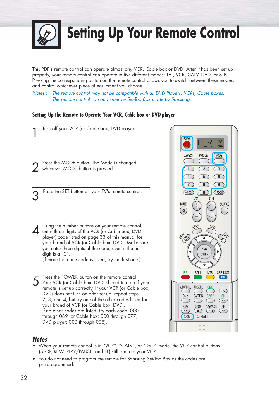 Setting up your remote control | Samsung HPP3761X-XAC User Manual | Page 32 / 96