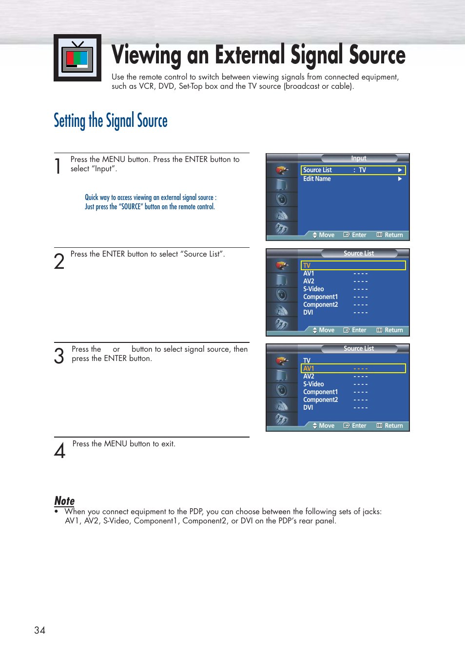 Viewing an external signal source, Setting the signal source | Samsung HPP3761X-XAC User Manual | Page 34 / 96