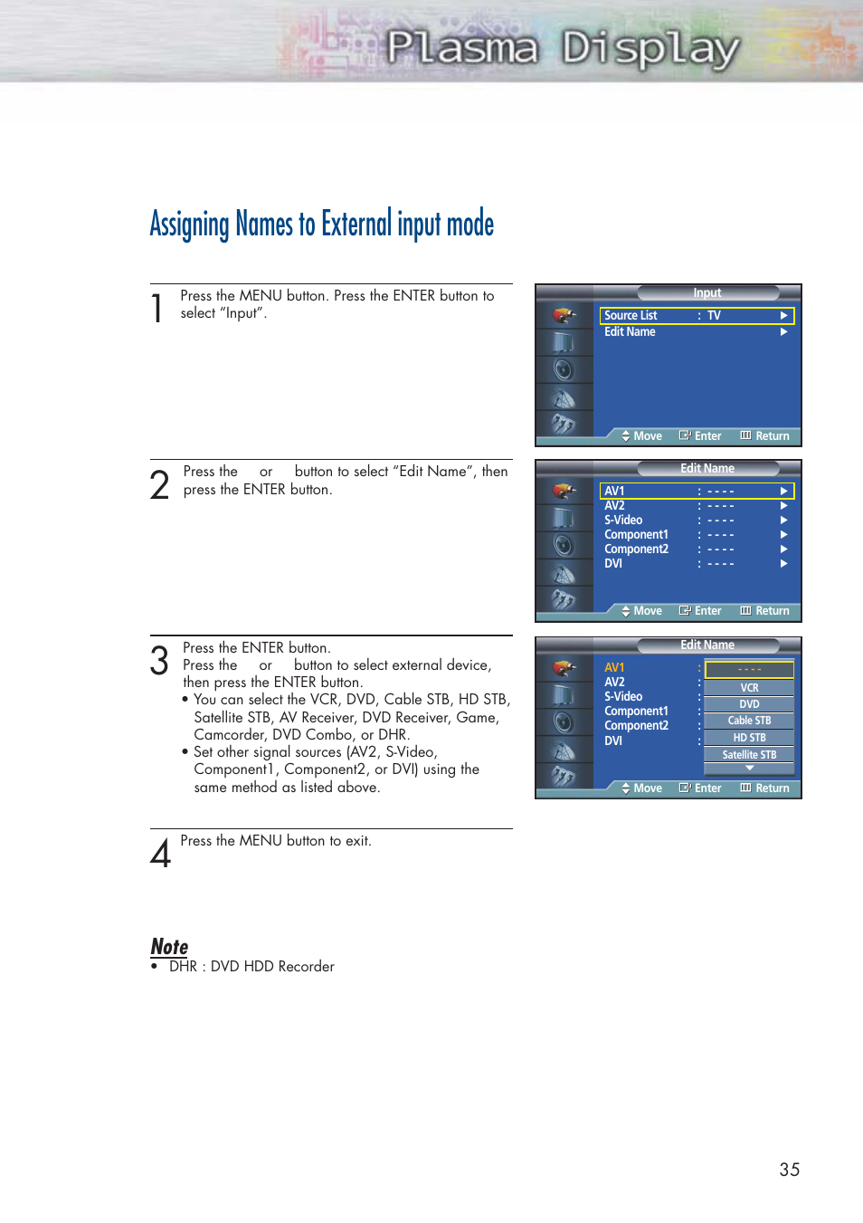 Assigning names to external input mode | Samsung HPP3761X-XAC User Manual | Page 35 / 96