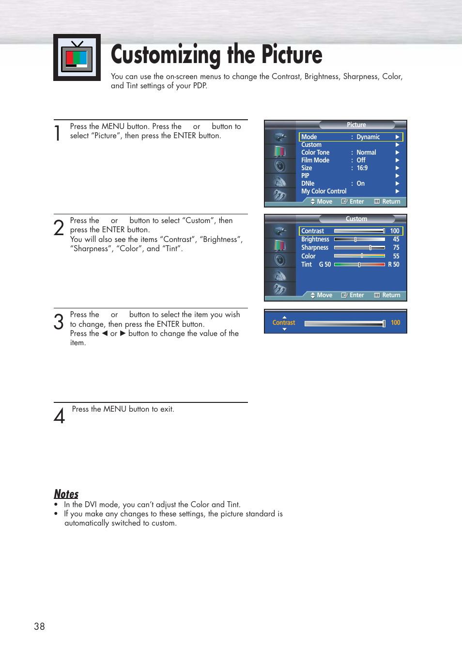 Customizing the picture | Samsung HPP3761X-XAC User Manual | Page 38 / 96