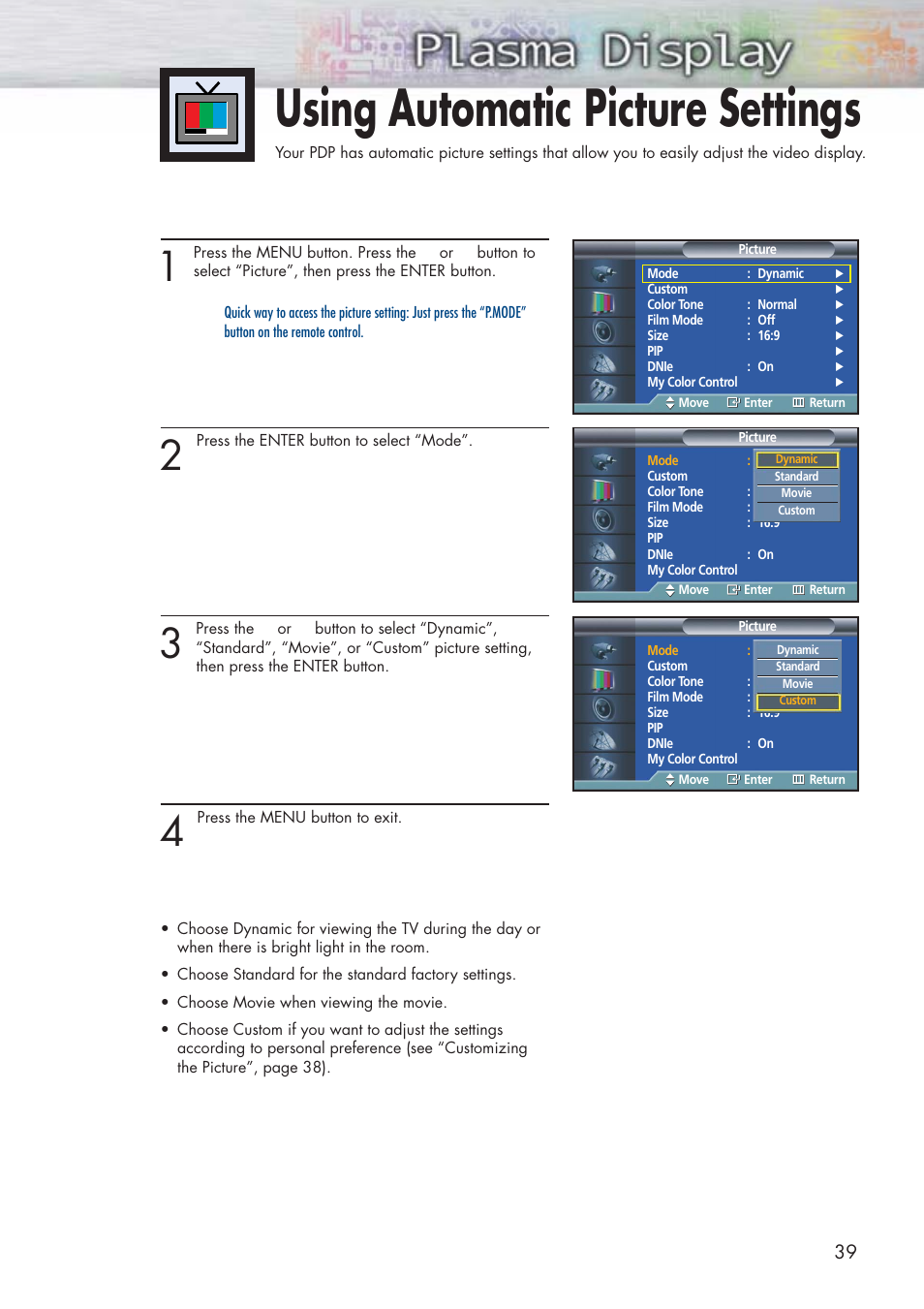 Using automatic picture settings | Samsung HPP3761X-XAC User Manual | Page 39 / 96