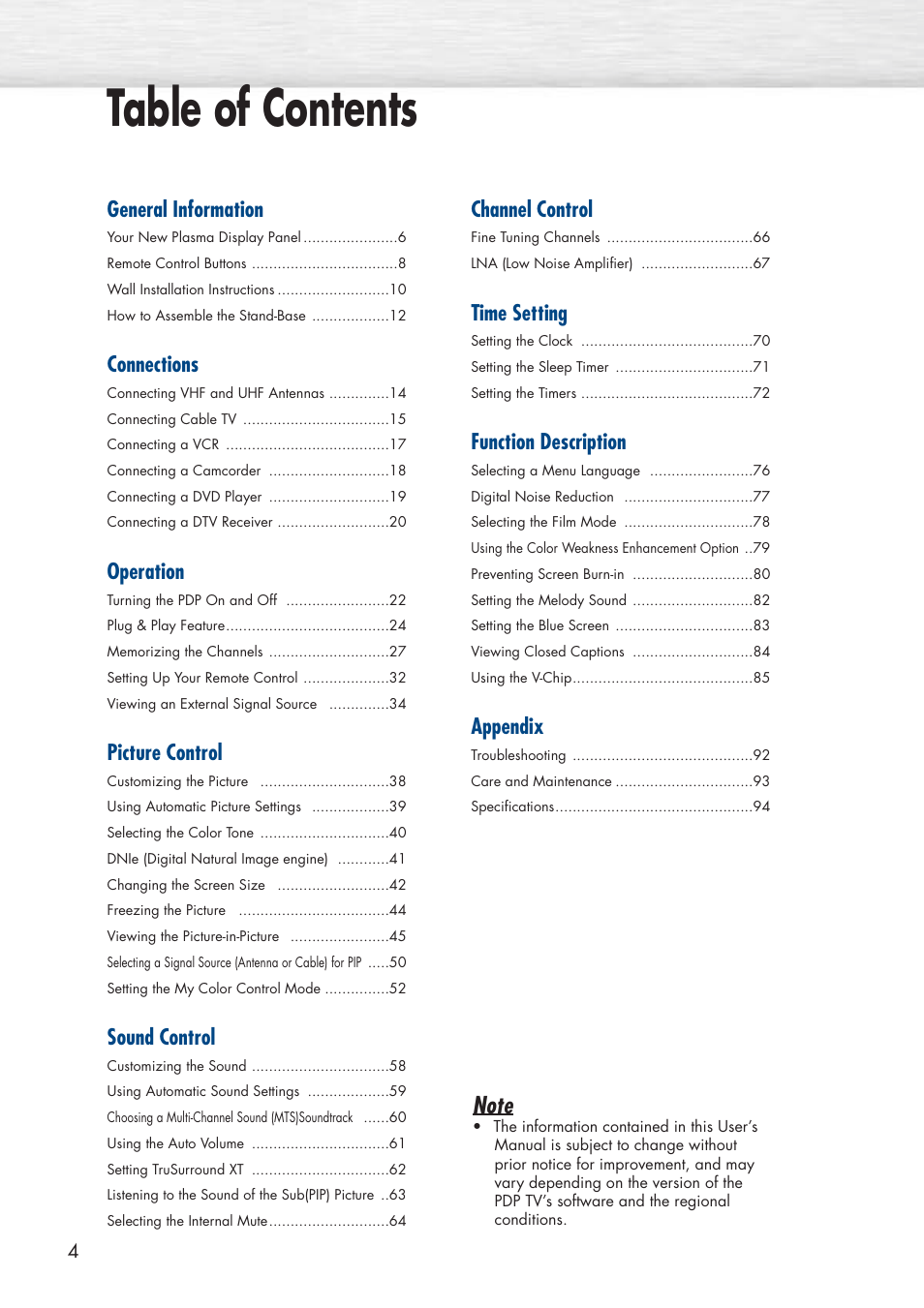 Samsung HPP3761X-XAC User Manual | Page 4 / 96