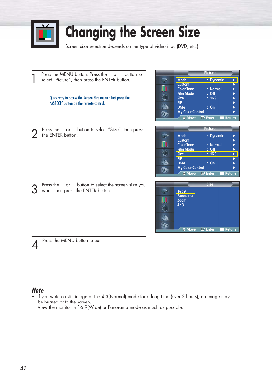 Changing the screen size | Samsung HPP3761X-XAC User Manual | Page 42 / 96