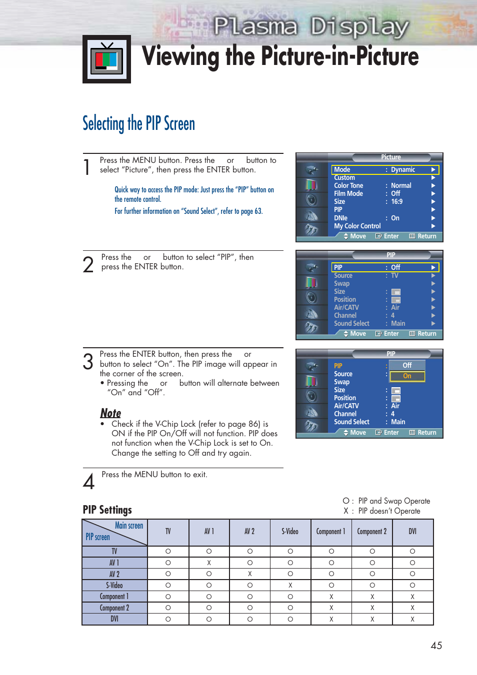 Viewing the picture-in-picture, Selecting the pip screen, Pip settings | Pip screen main screen | Samsung HPP3761X-XAC User Manual | Page 45 / 96