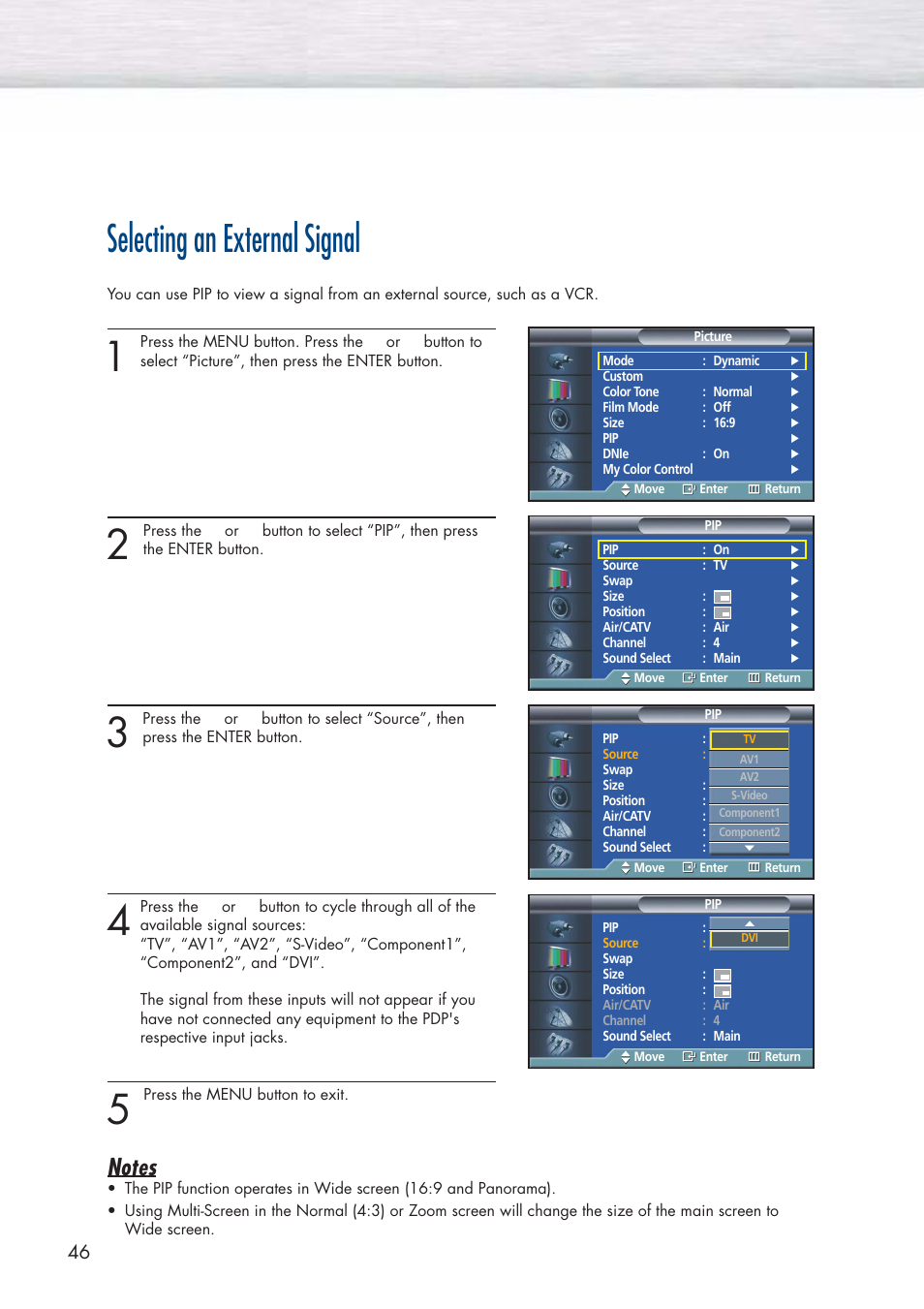 Selecting an external signal | Samsung HPP3761X-XAC User Manual | Page 46 / 96