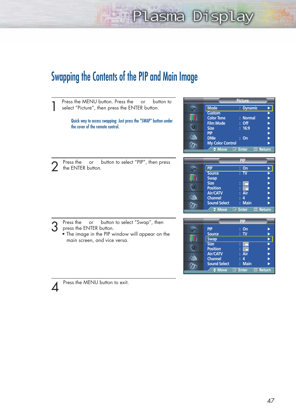Swapping the contents of the pip and main image | Samsung HPP3761X-XAC User Manual | Page 47 / 96