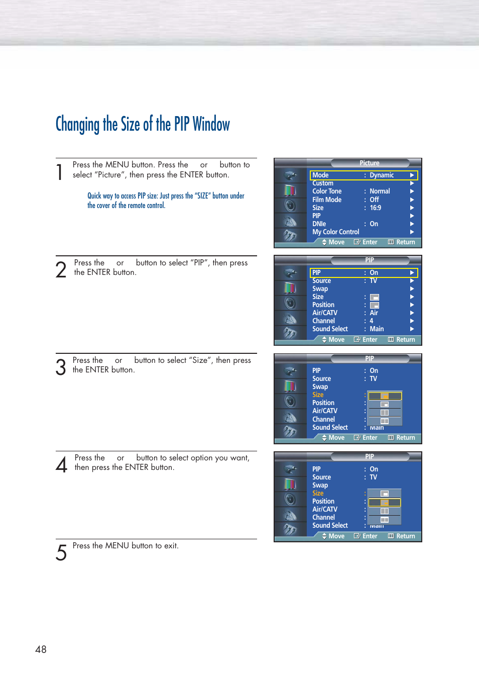 Changing the size of the pip window | Samsung HPP3761X-XAC User Manual | Page 48 / 96