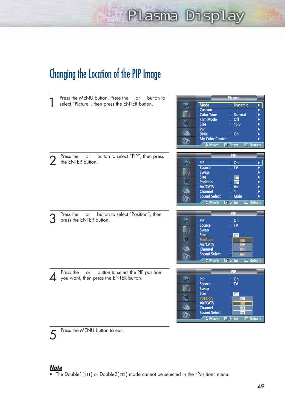Changing the location of the pip image | Samsung HPP3761X-XAC User Manual | Page 49 / 96