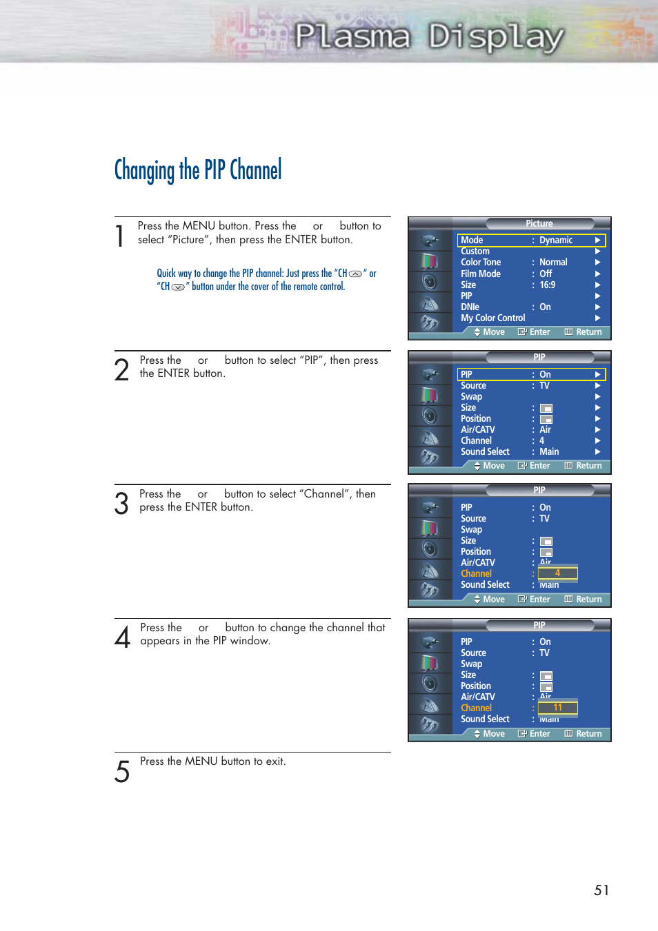 Changing the pip channel | Samsung HPP3761X-XAC User Manual | Page 51 / 96