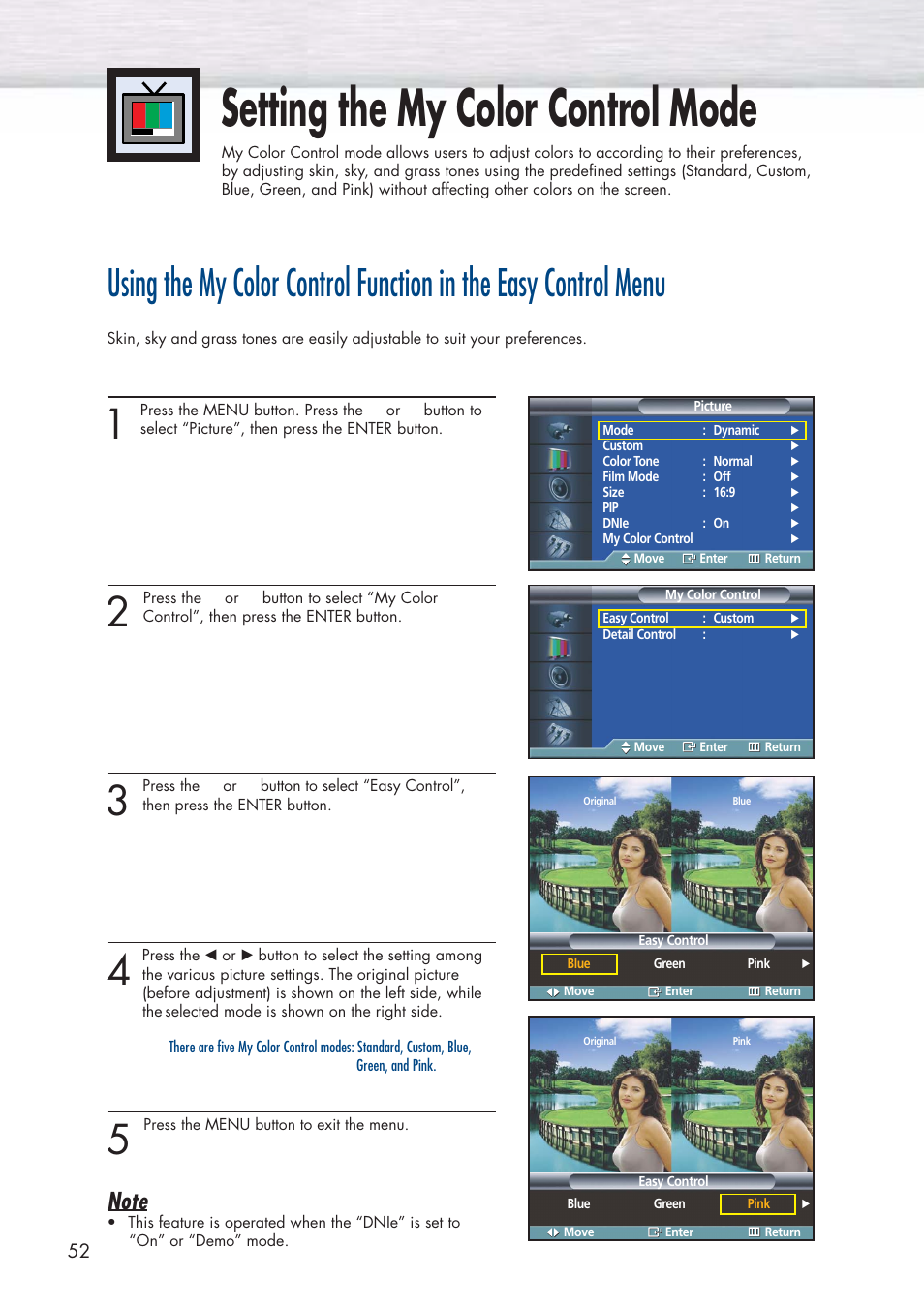Setting the my color control mode | Samsung HPP3761X-XAC User Manual | Page 52 / 96