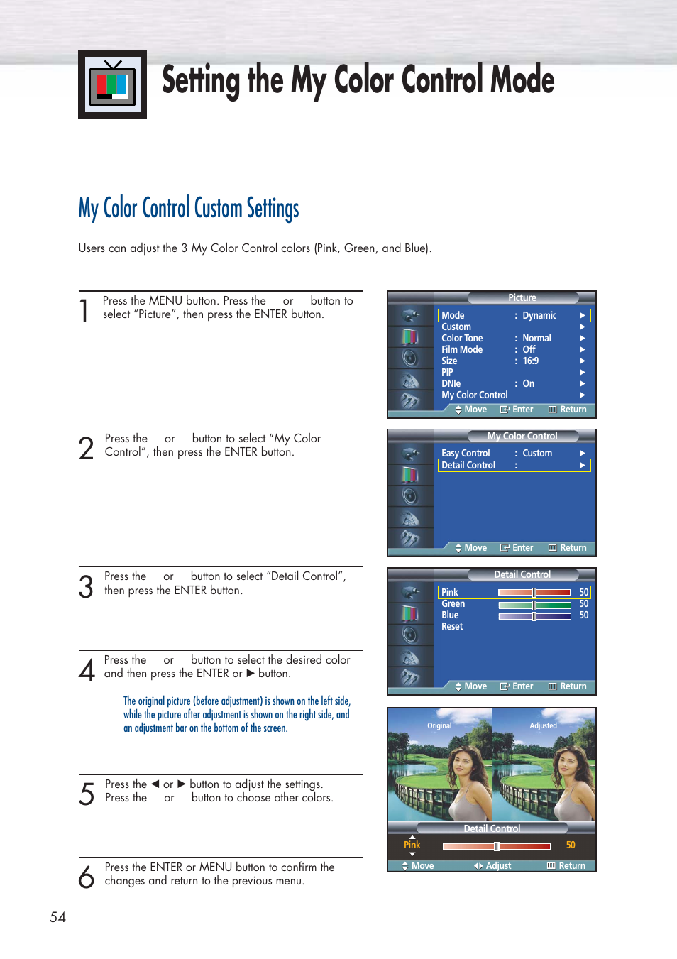 Setting the my color control mode, My color control custom settings | Samsung HPP3761X-XAC User Manual | Page 54 / 96