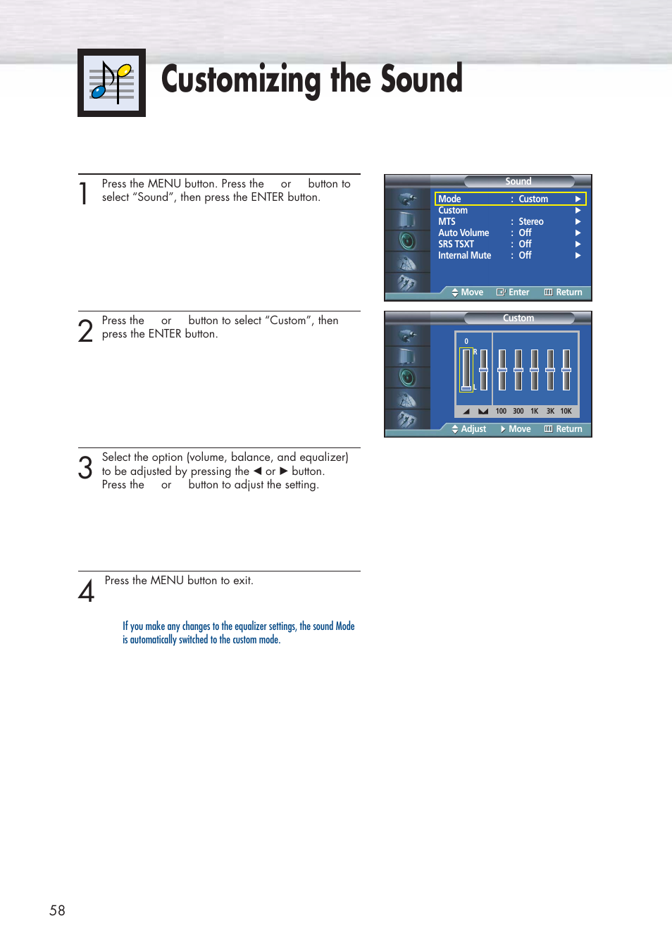 Customizing the sound | Samsung HPP3761X-XAC User Manual | Page 58 / 96