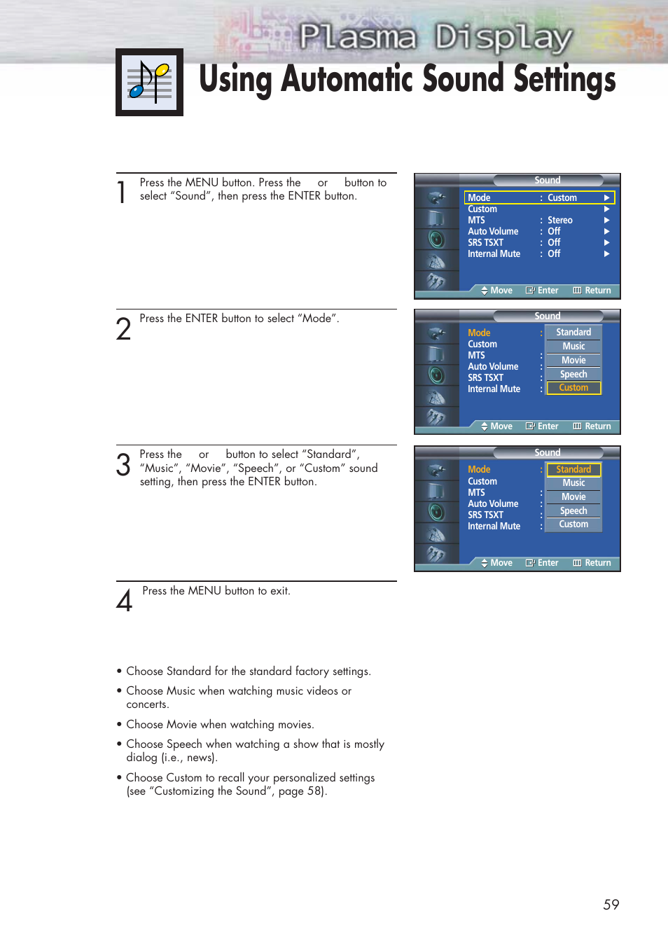 Using automatic sound settings | Samsung HPP3761X-XAC User Manual | Page 59 / 96