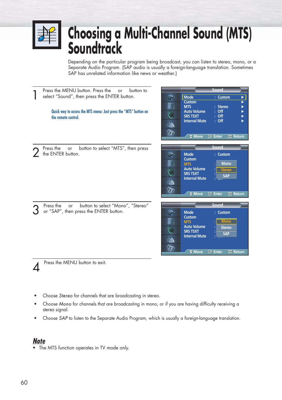 Choosing a multi-channel sound (mts) soundtrack | Samsung HPP3761X-XAC User Manual | Page 60 / 96