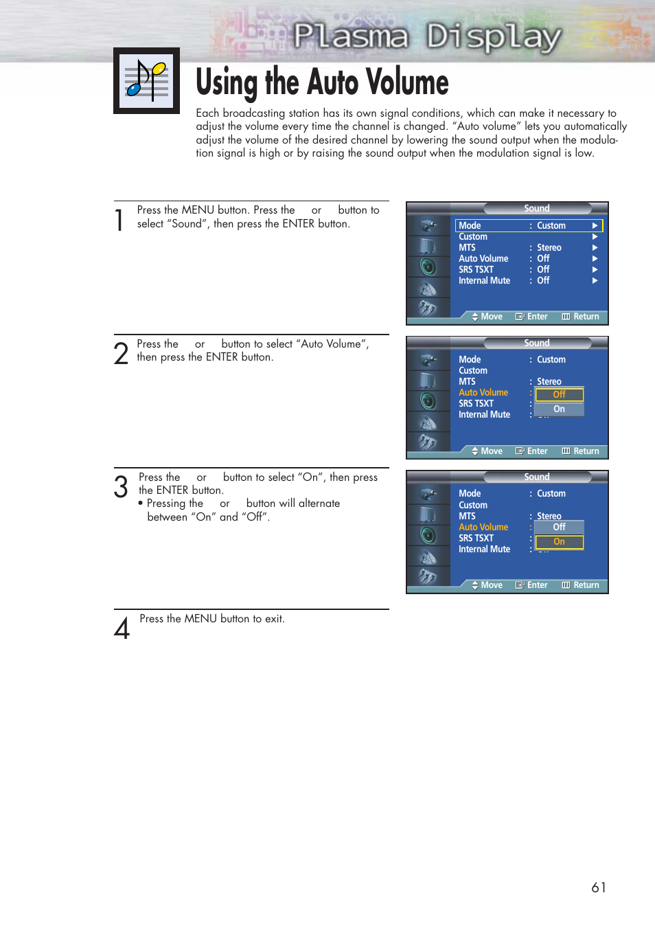 Using the auto volume | Samsung HPP3761X-XAC User Manual | Page 61 / 96