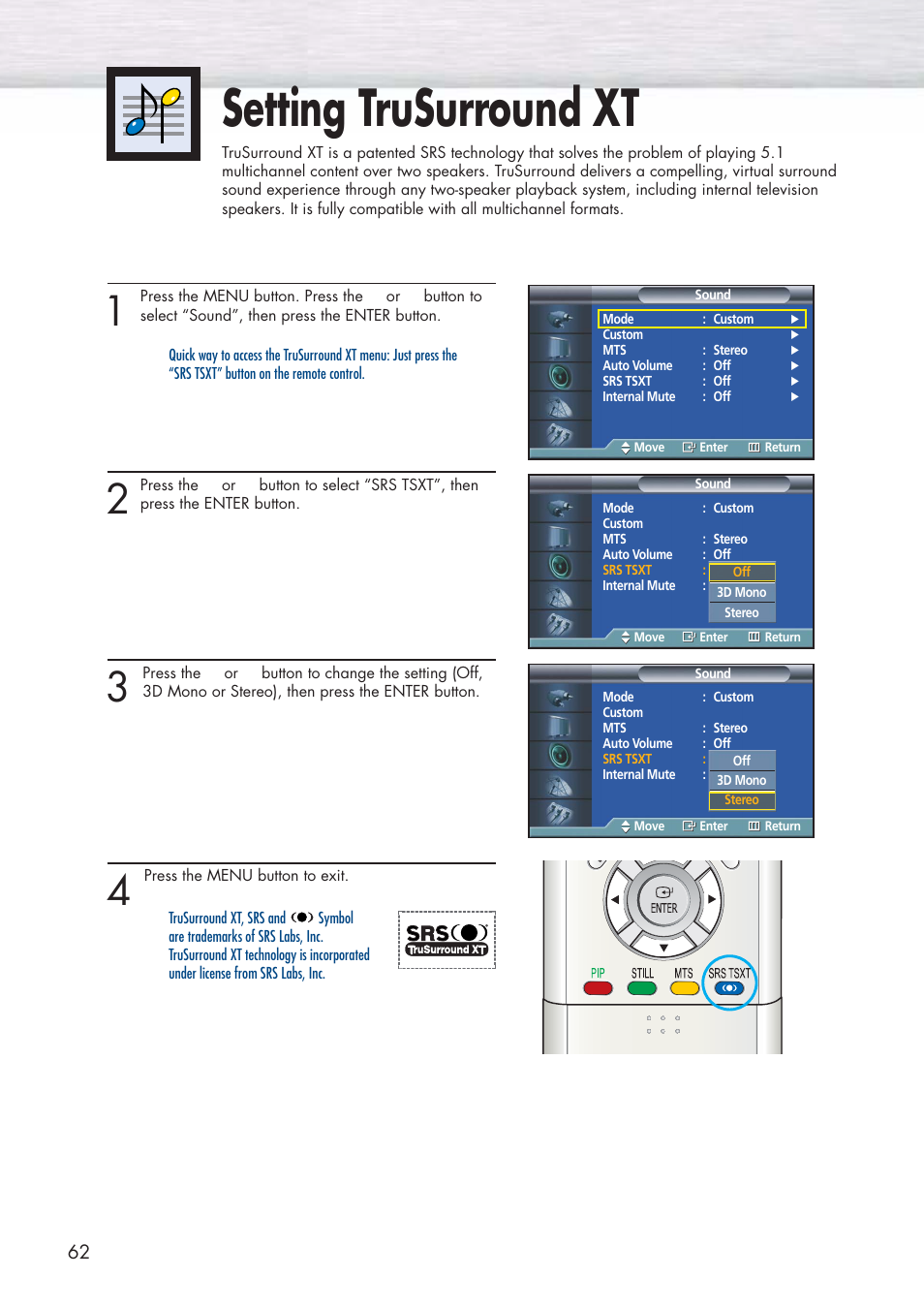 Setting trusurround xt | Samsung HPP3761X-XAC User Manual | Page 62 / 96