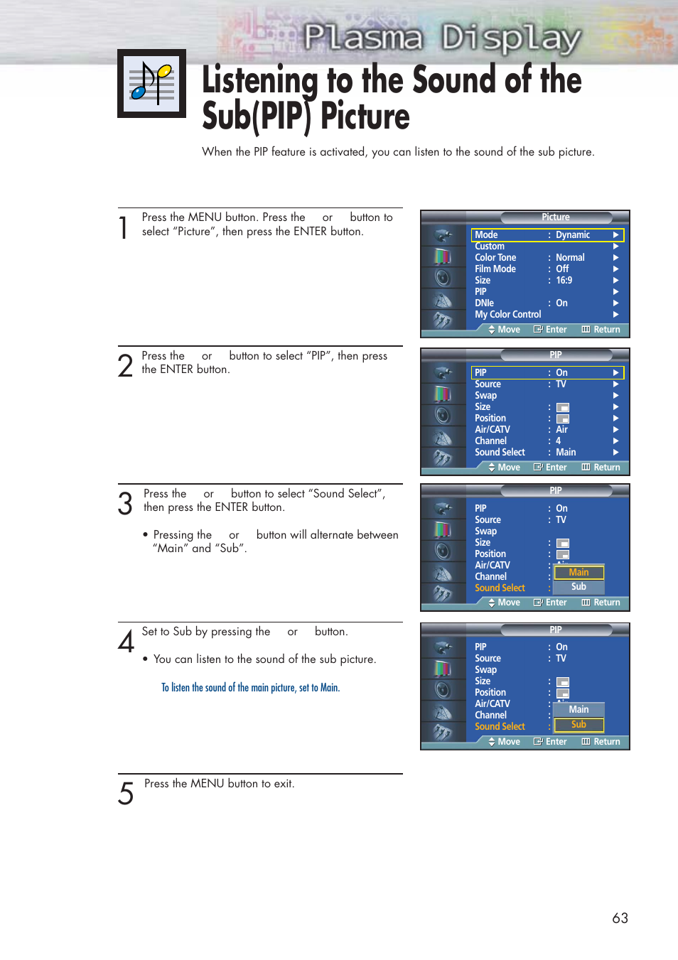 Listening to the sound of the sub(pip) picture | Samsung HPP3761X-XAC User Manual | Page 63 / 96