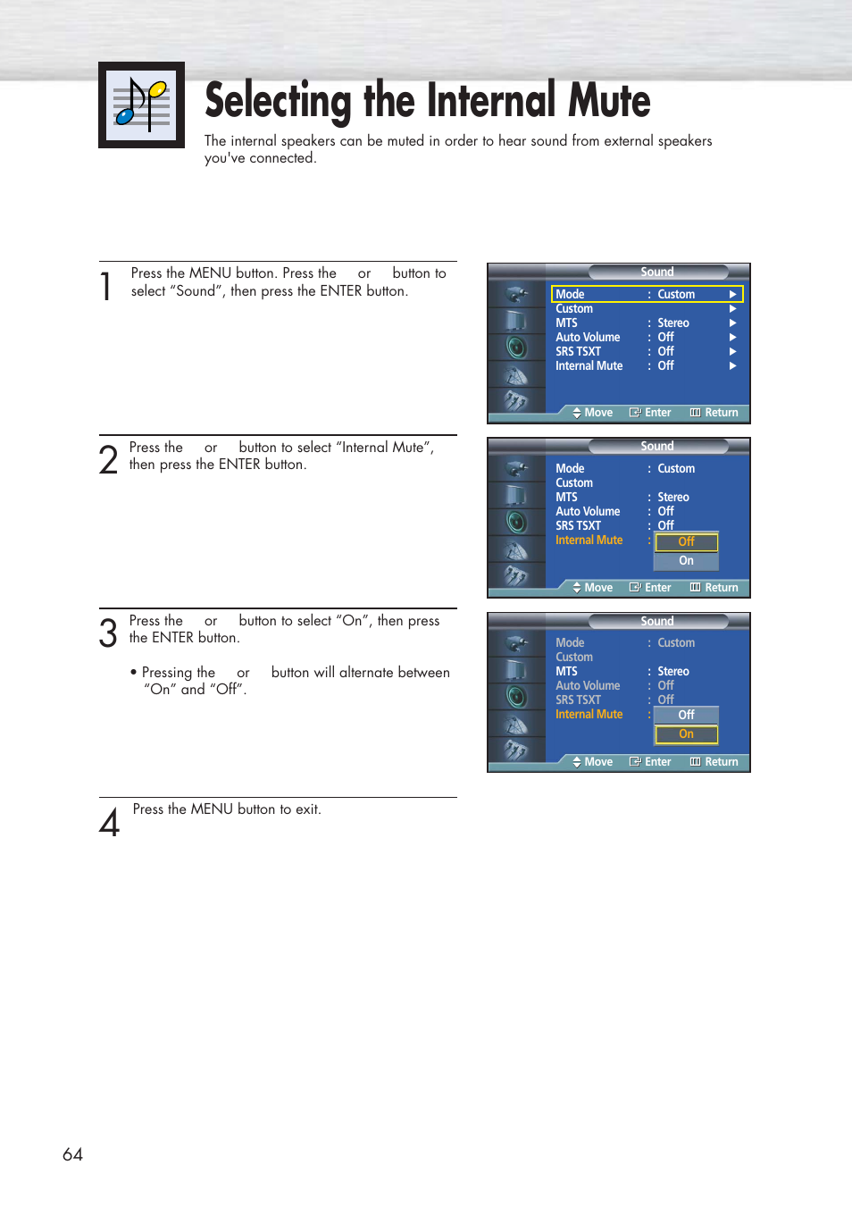 Selecting the internal mute | Samsung HPP3761X-XAC User Manual | Page 64 / 96