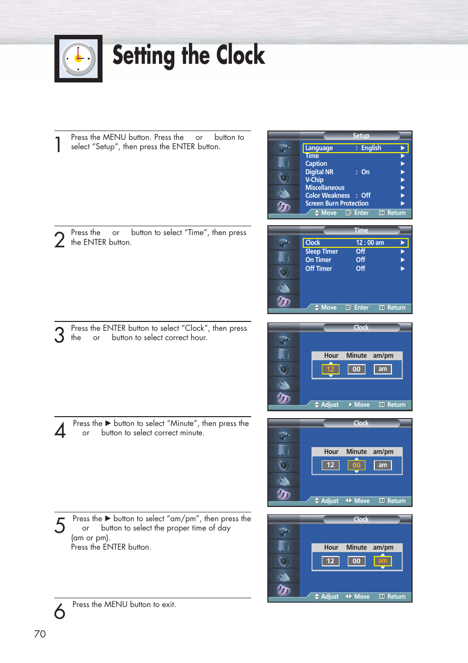 Setting the clock | Samsung HPP3761X-XAC User Manual | Page 70 / 96