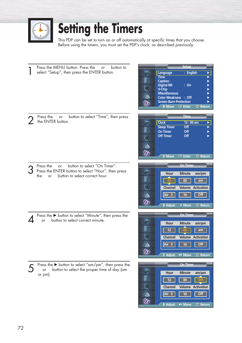 Setting the timers | Samsung HPP3761X-XAC User Manual | Page 72 / 96