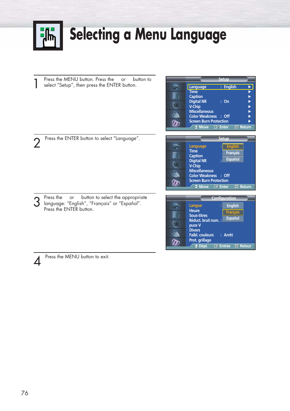 Selecting a menu language | Samsung HPP3761X-XAC User Manual | Page 76 / 96