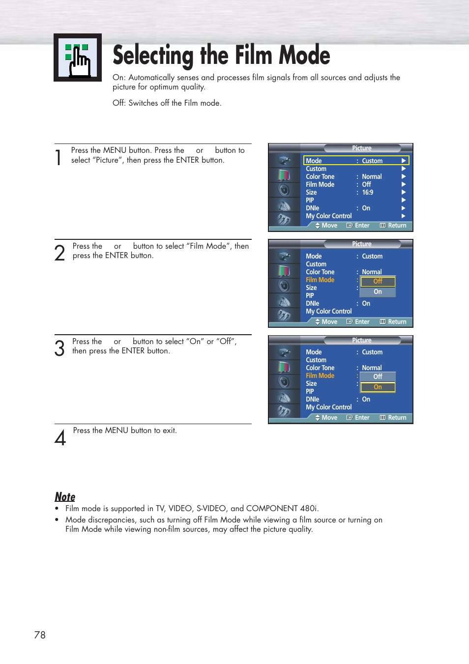Selecting the film mode | Samsung HPP3761X-XAC User Manual | Page 78 / 96