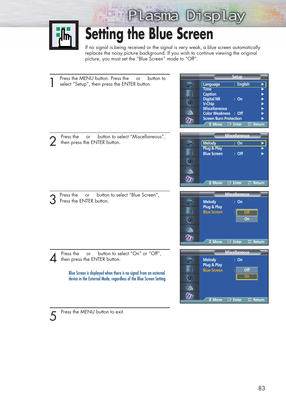 Setting the blue screen | Samsung HPP3761X-XAC User Manual | Page 83 / 96