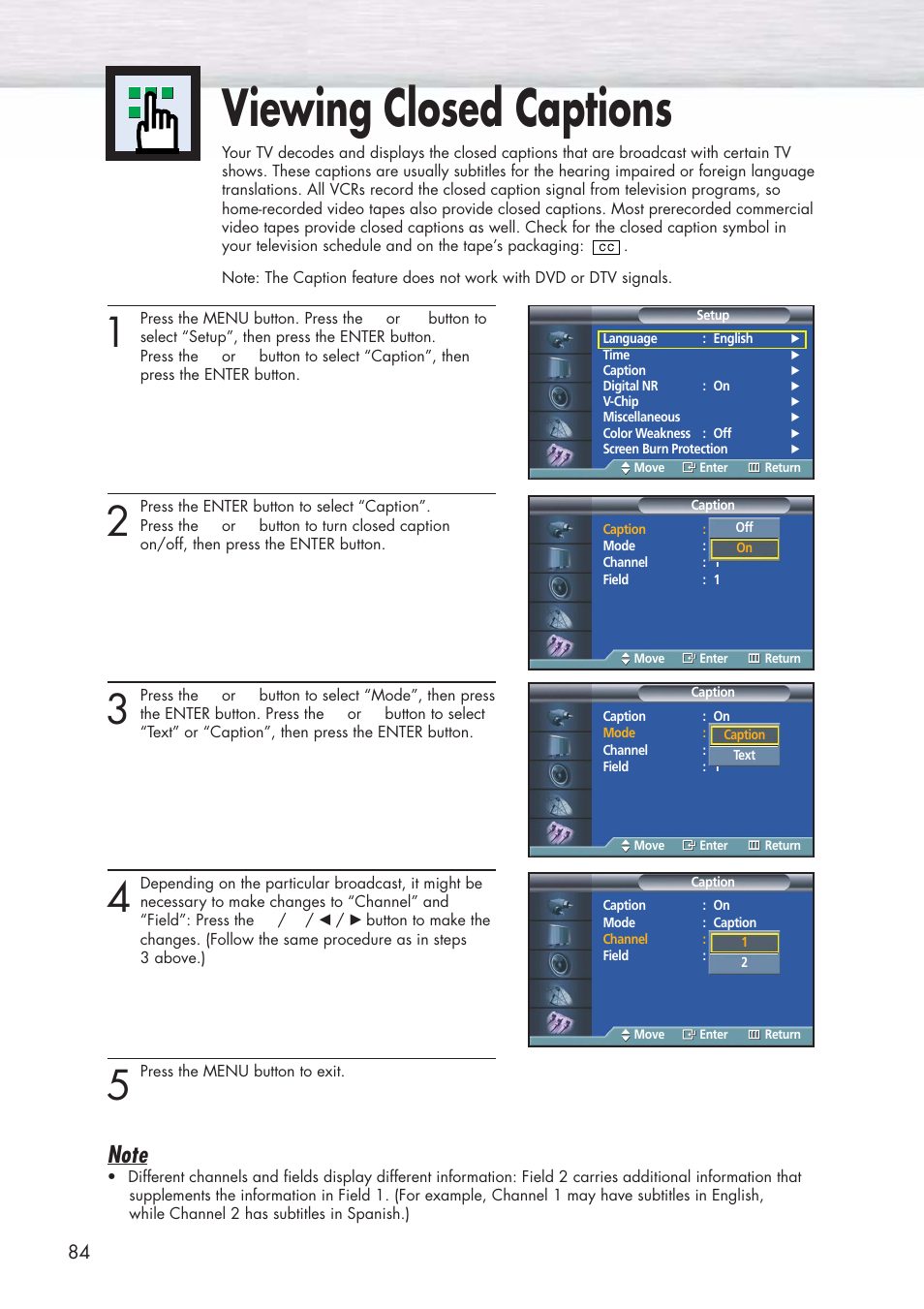 Viewing closed captions | Samsung HPP3761X-XAC User Manual | Page 84 / 96