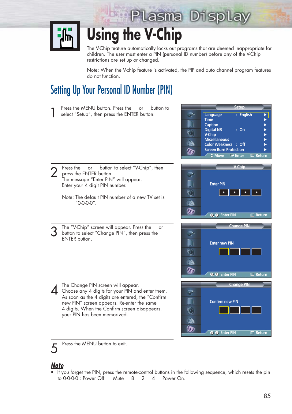 Using the v-chip, Setting up your personal id number (pin) | Samsung HPP3761X-XAC User Manual | Page 85 / 96