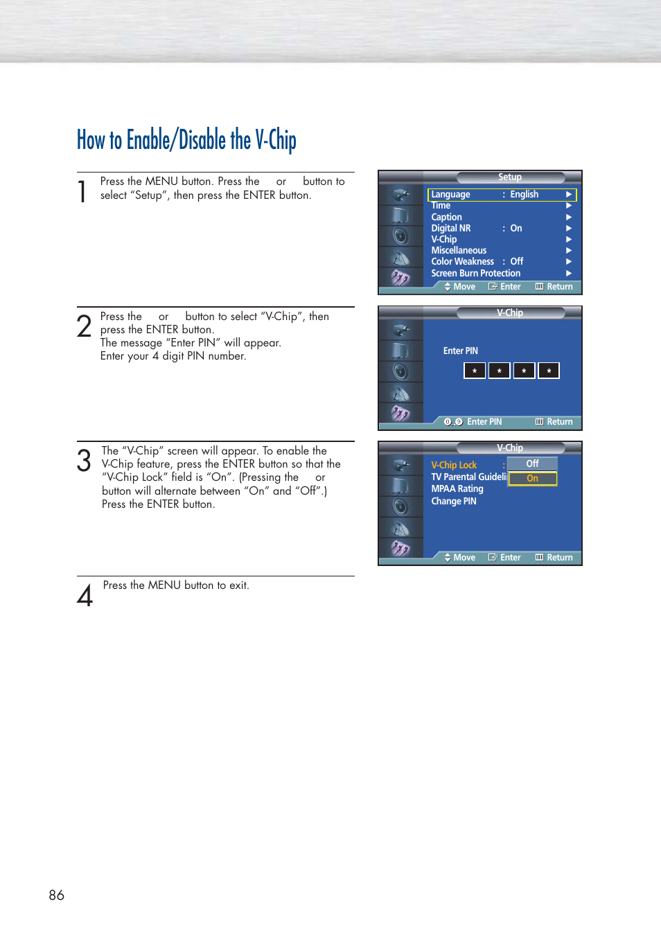 How to enable/disable the v-chip | Samsung HPP3761X-XAC User Manual | Page 86 / 96