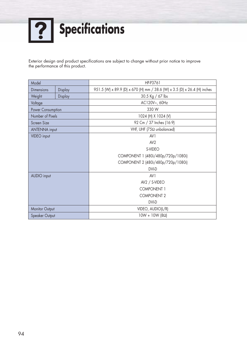 Specifications | Samsung HPP3761X-XAC User Manual | Page 94 / 96